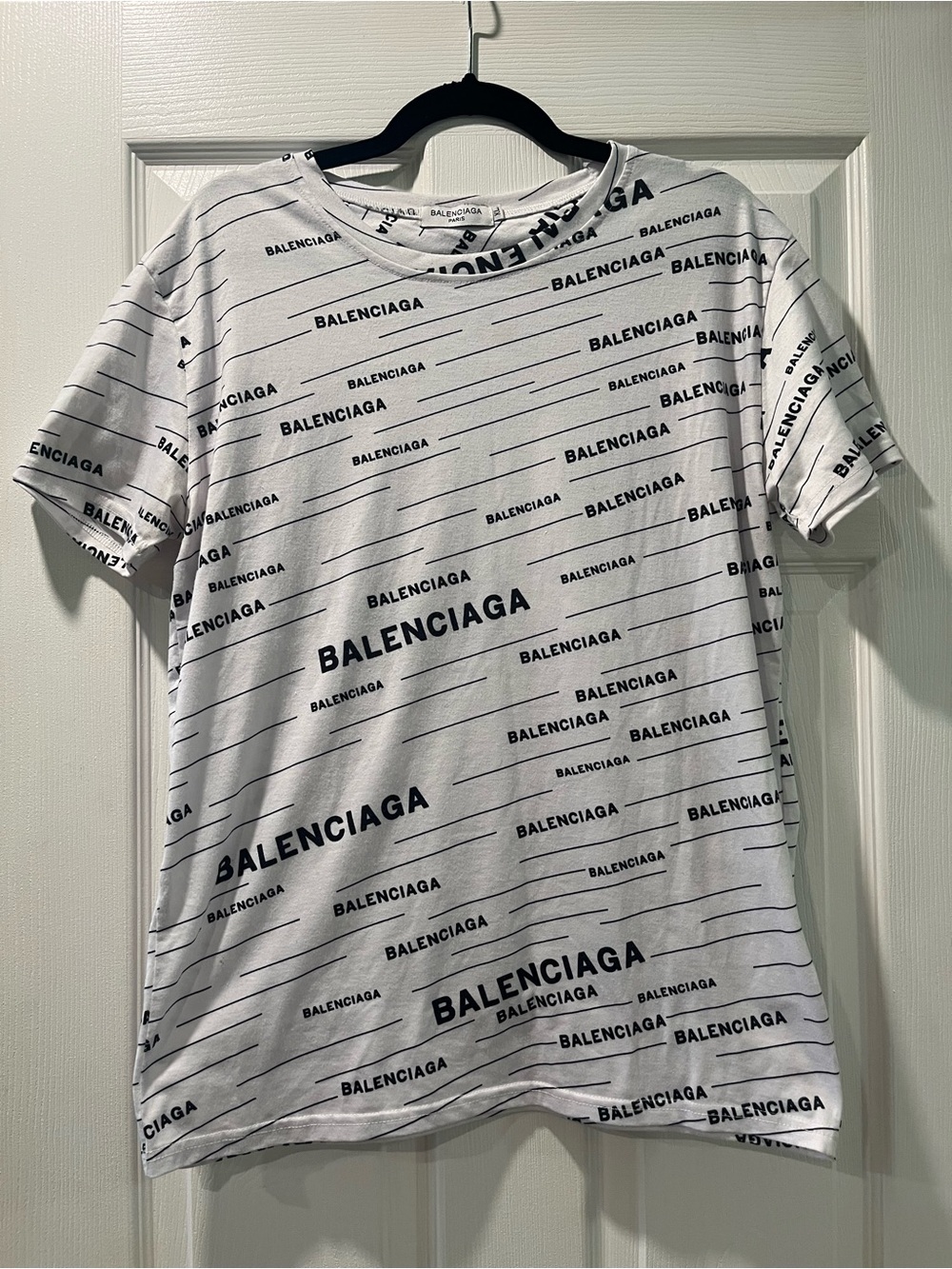 Balenciaga White Tee with Black All-Over Logo Print